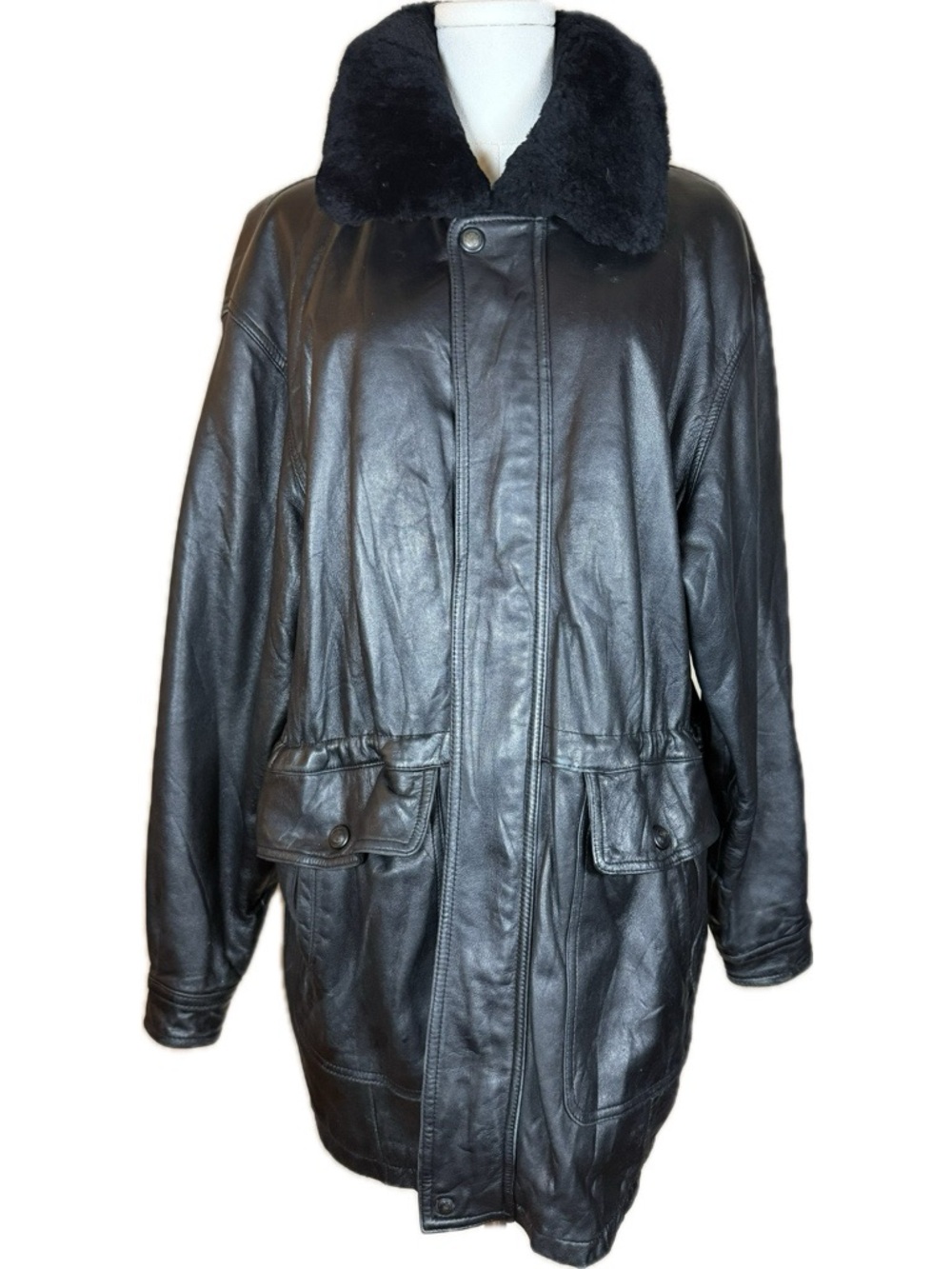 EPEE Classic Vintage 90s Black Leather Oversized Coat with Faux Fur Collar Sz L